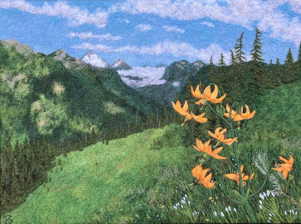 Felted wool artwork of a stem of orange lilies in the mountains