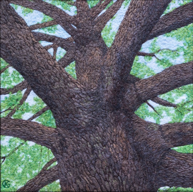Felted wool artwork of a many-branched oak tree, from the perspective of a person standing beside the tree and looking upward.