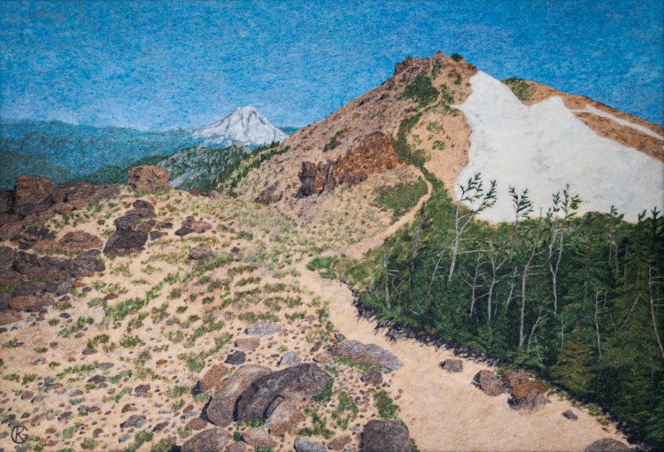 Felted wool artwork featuring a trail in the alpine zone of the Northern Cascades.
